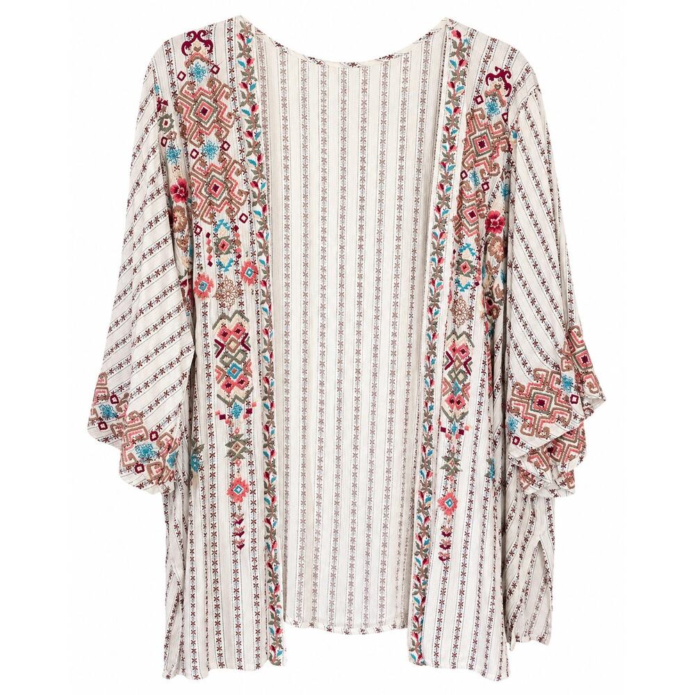 Boho Western Embroidered Kimono Cardigan Women One Size Open Front Ivory